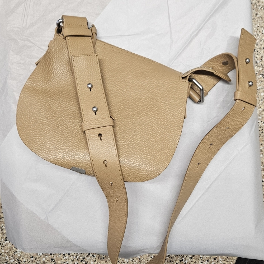 All Saints Round Tan Pebbled Leather Crossbody Bag Silver Hardware